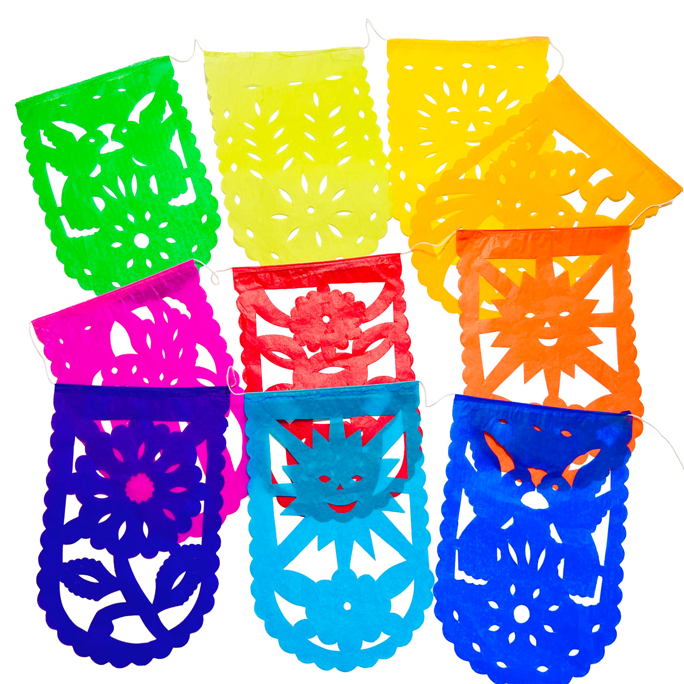 multicolor scallop shaped papel picado tissue paper flags attached to a white string with various designs including but not limited to flowers, suns, cactus, birds, and pineapples