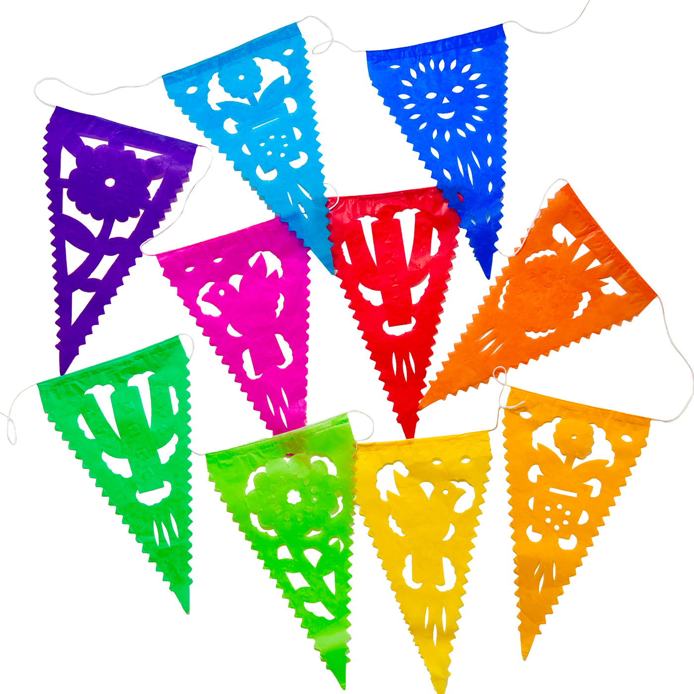 multicolor triangular papel picado tissue paper flags attached to a white string with various designs including but not limited to flowers, suns, cactus, birds, and pineapples