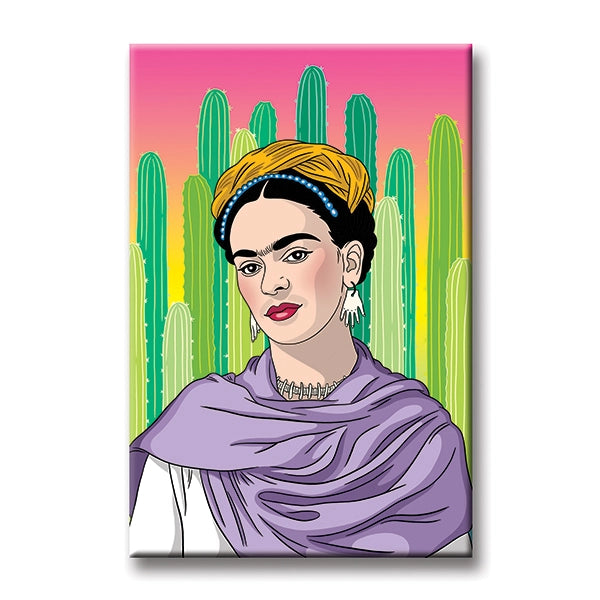 Frida Kahlo magnet. Frida Kahlo is wearing a purple shawl with cactus in the background. 