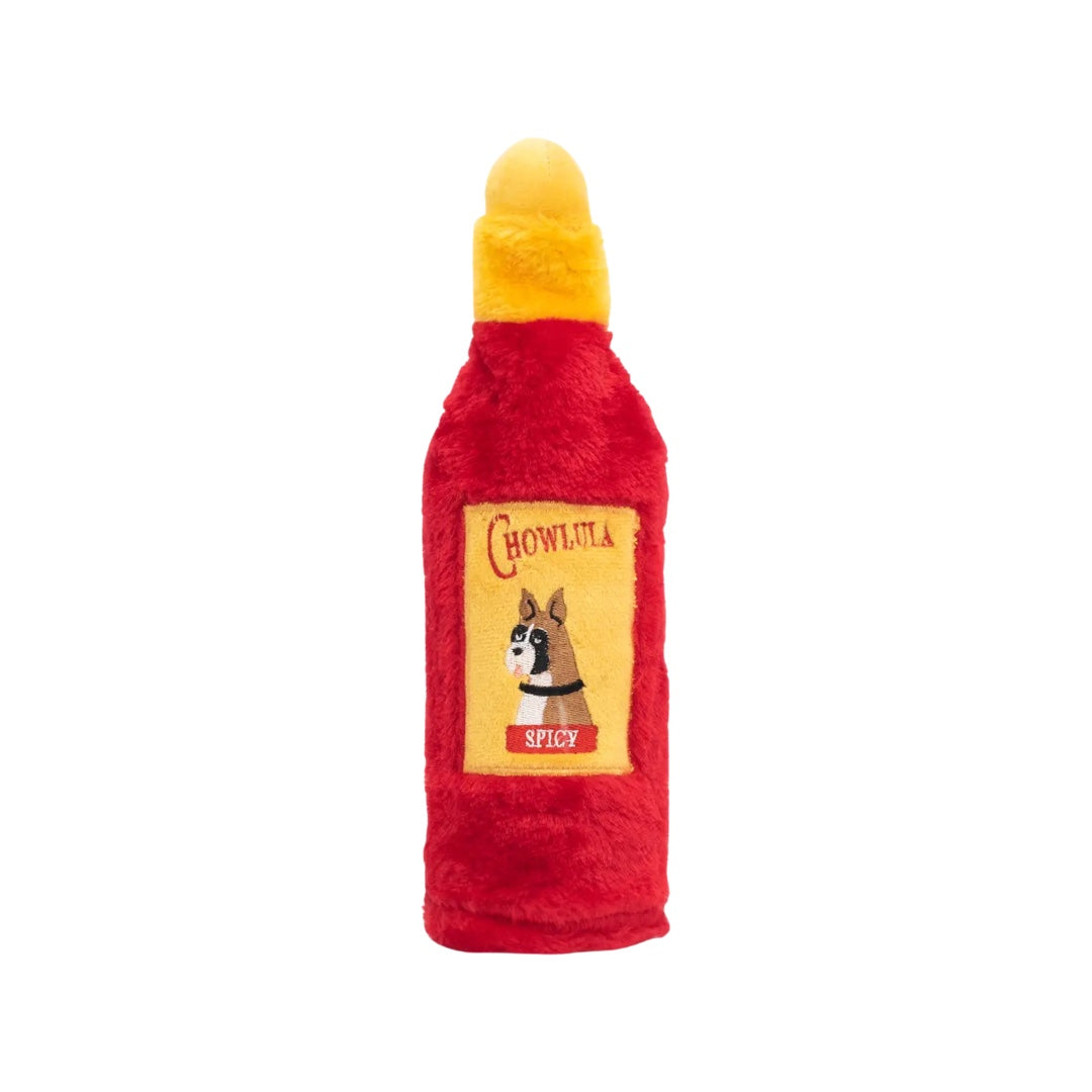 Plush hot sauce dog toy featuring a boxer dog in the enter with the word spicy underneath it.