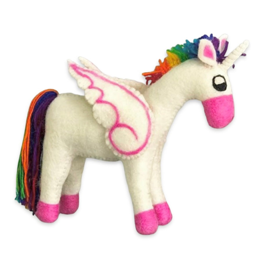 Rainbow felt unicorn toy. 