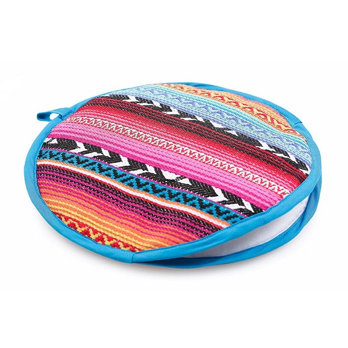 Blue flat tortilla warmer with multi-patterned design.