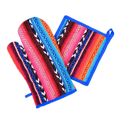 Oven mitt and pot holder set in a colorful striped design of teal, blue, pink and reds.