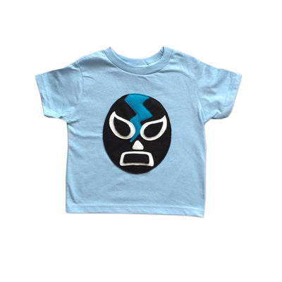 Hand-stitched Luchador kids's blue t-shirt. Design features black luchador mask with blue lightening bolt.