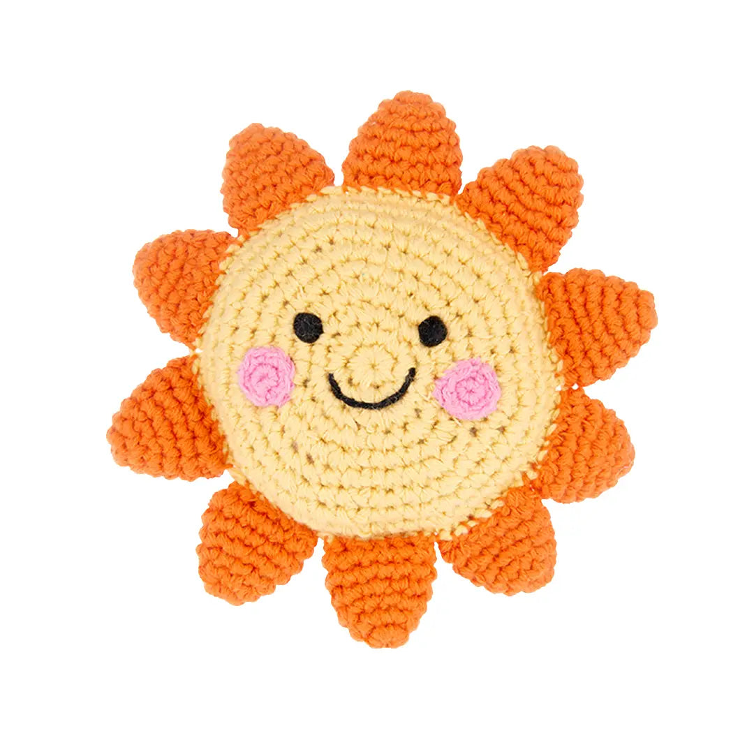 Yellow and orange crochet sun with a smiley face