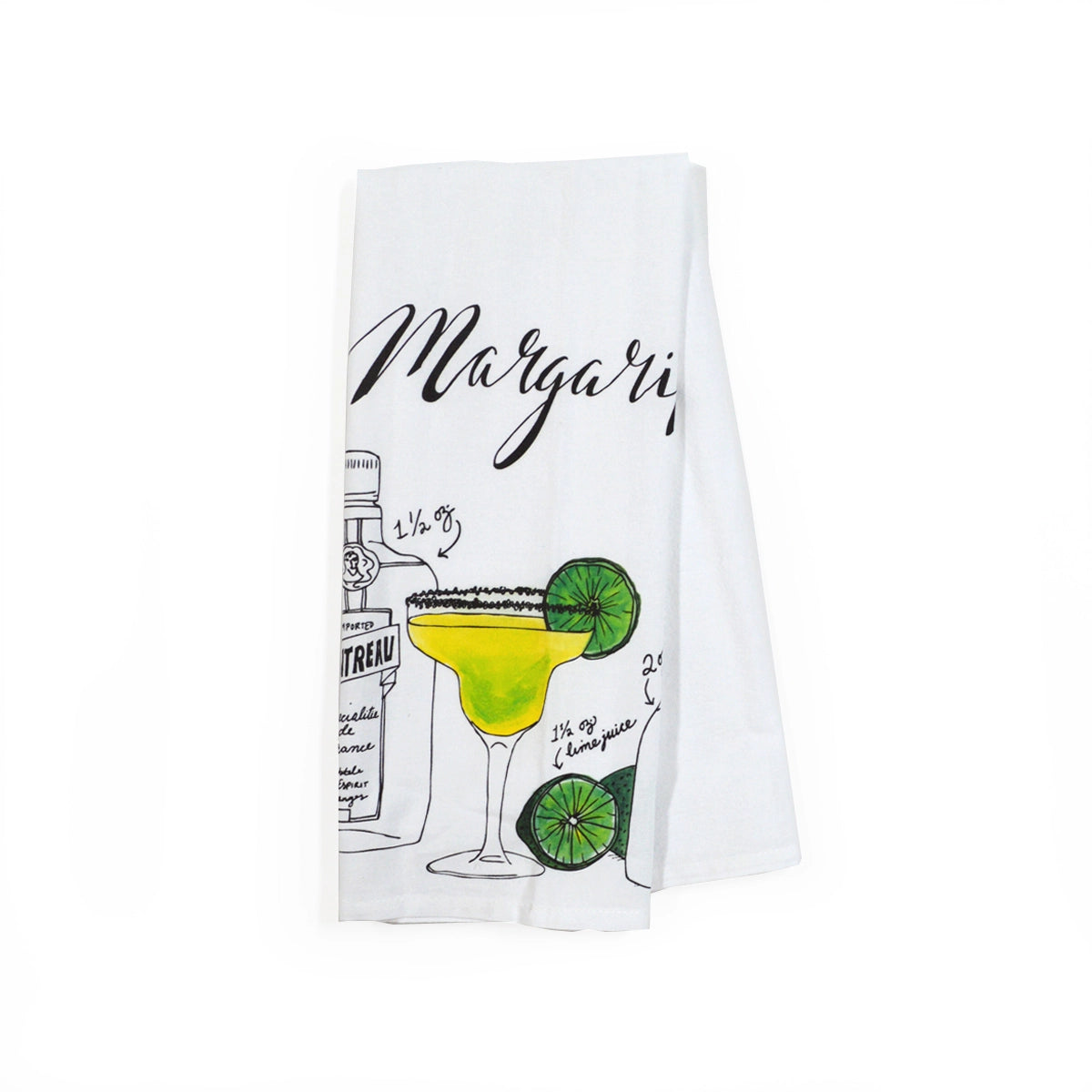 Margarita cocktail tea towel folded in half. Design features tequila bottle and lime flavored margarita  illustration. 