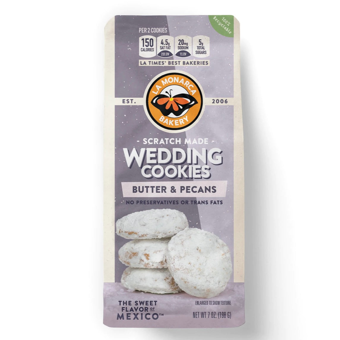 front view of La Monarca Mexican Wedding Cookies in  branded packaging bag.