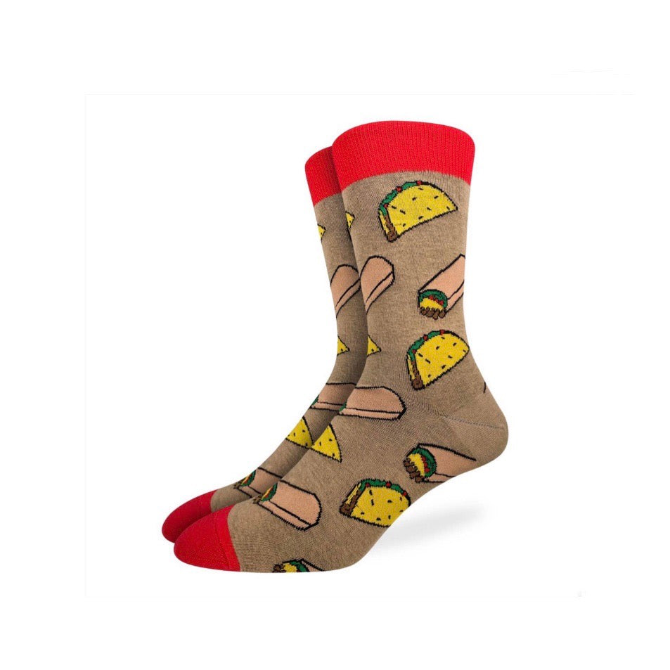 Men's mid calf Tacos and Burritos socks with light brown and red accents. 