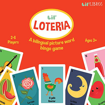 Cover photo of "Lil' Loteria: A bilingual picture word bingo game" pictured with various playing cards.