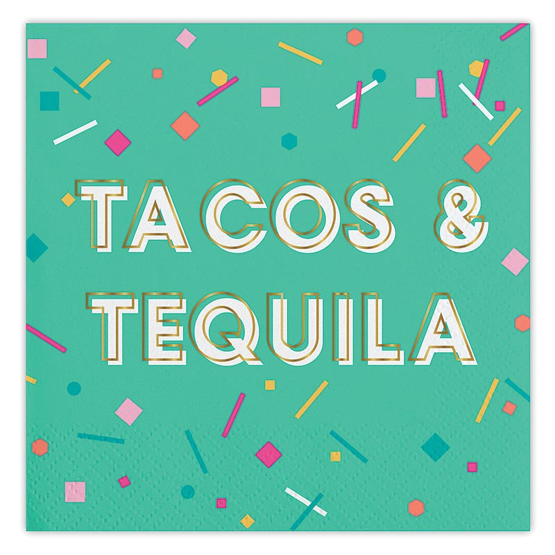 Tacos & Tequila phrase square napkins. Design features colorful confetti with light green background & white lettering.