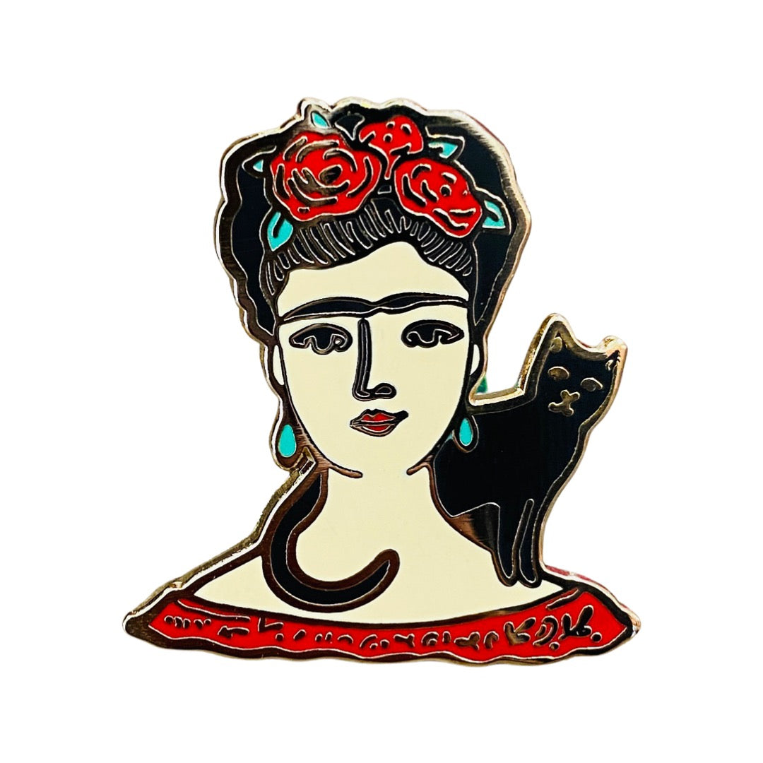 Frida Kahlo with black cat enamel pin with gold accents. 