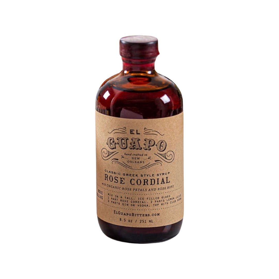 8.5oz Rose Cordial Syrup in glass branded bottle with cap.
