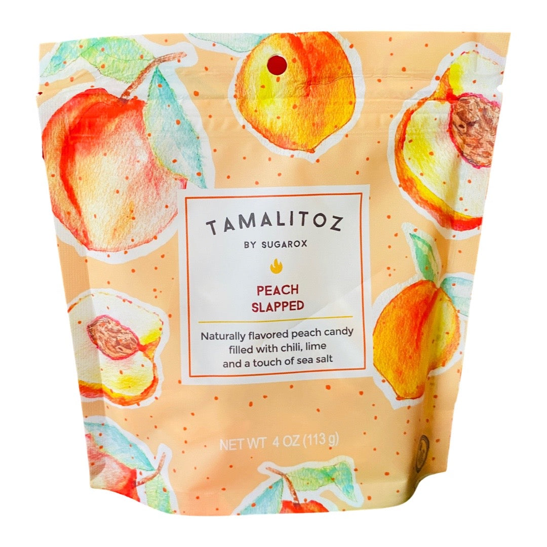 front view of Tamalitoz - Peach Slapped with branded plastic pouch with a Ziploc style closure