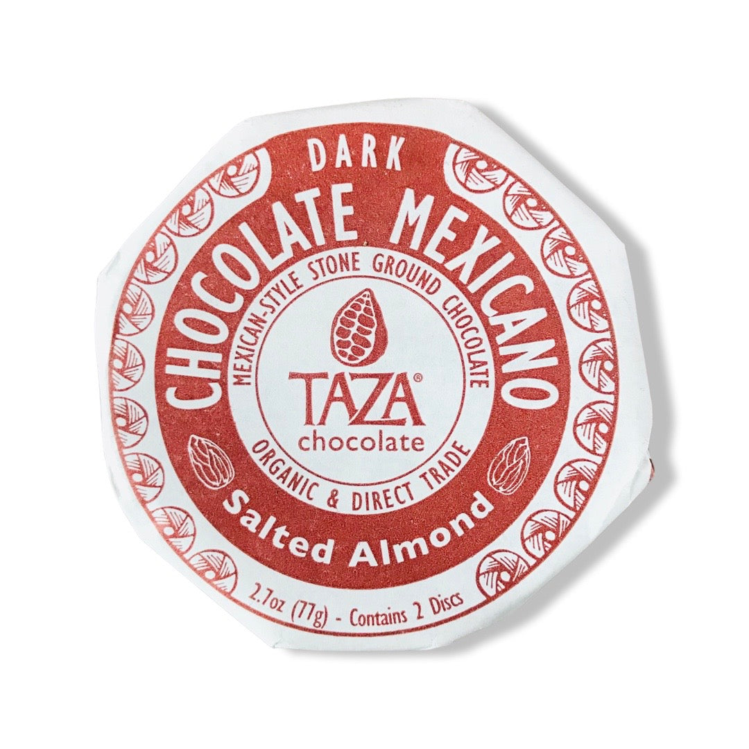 Front view of Taza Chocolate Mexicano Disc - Salted Almond in branded packaging. 
