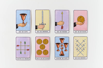 Set of eight tarot cards depicting various types of cards available in the deck.