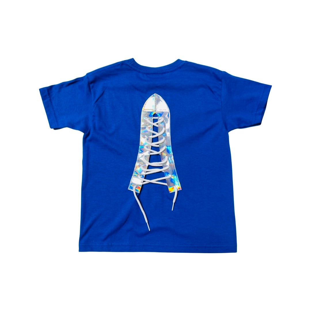 Back of bright blue luchador mask kid's shirt with holographic detail. Back of shirt features lace up design. 