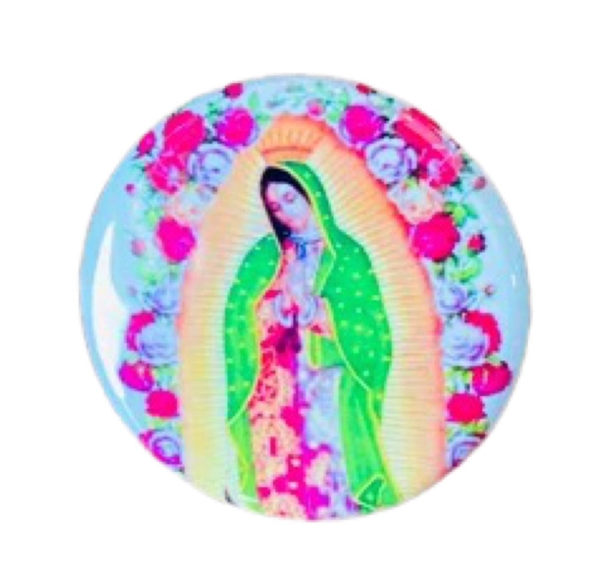 Round pin button with an image of the Virgin Mary