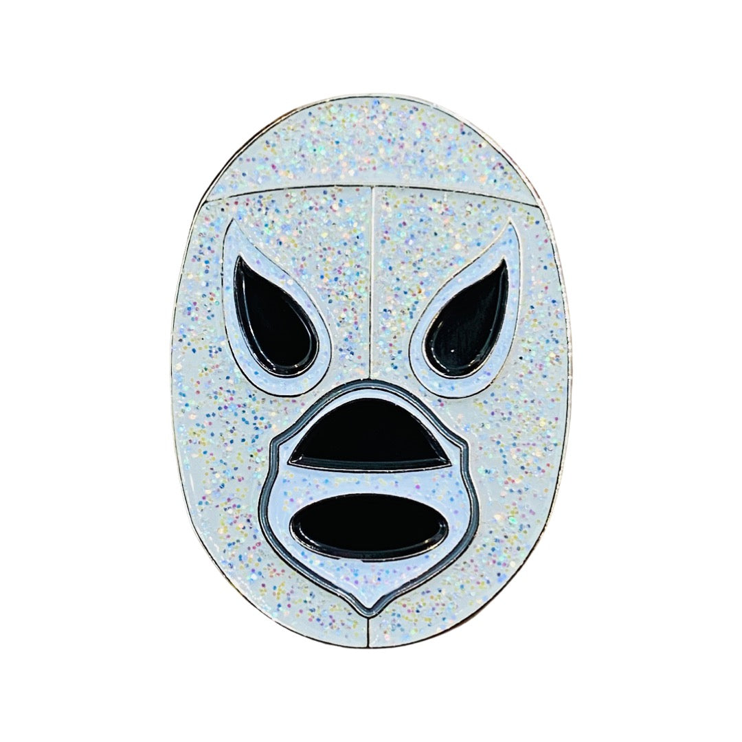Silver and glittery luchador mask enamel pin