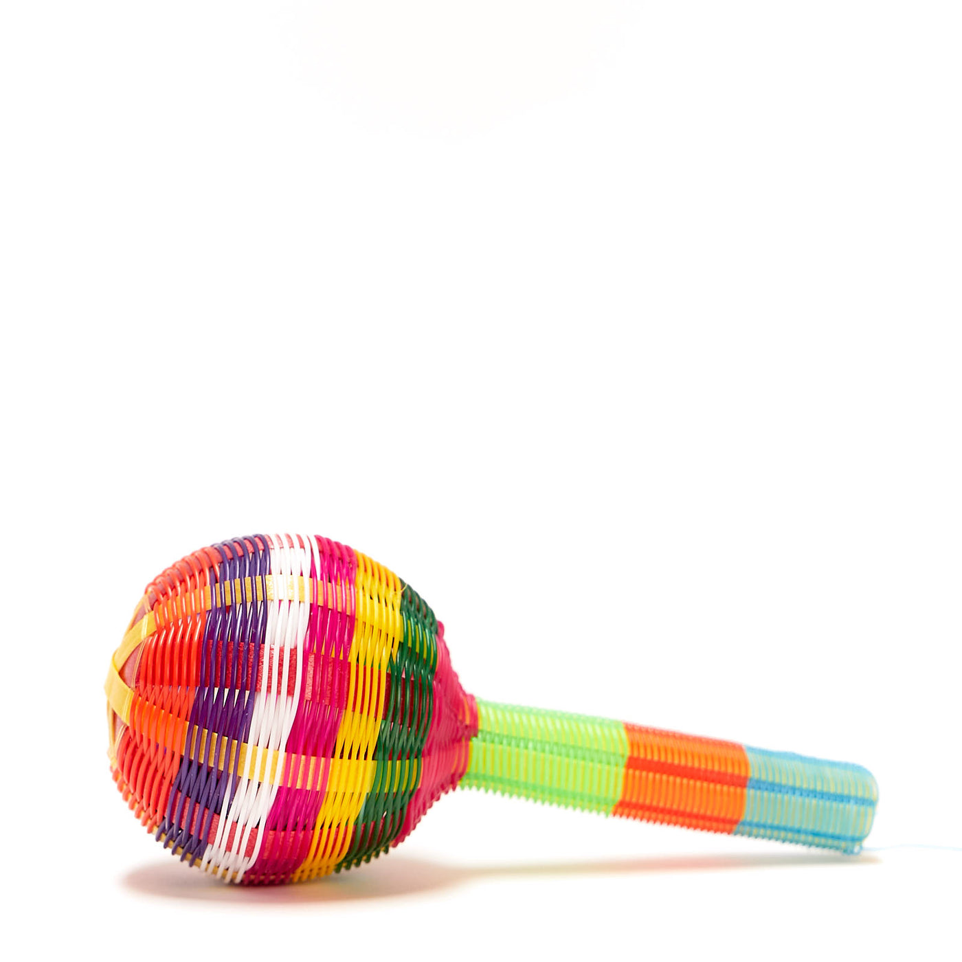 Mexican baby rattle woven with colorful plastic.
