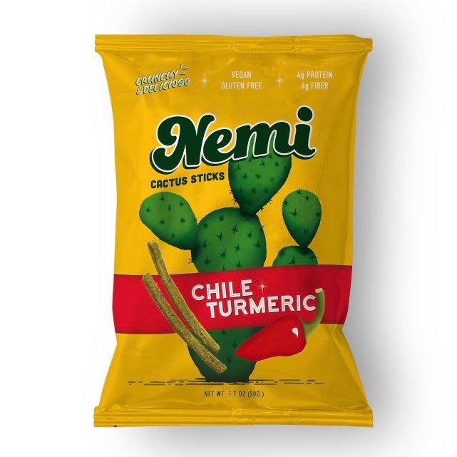 front view of Chile Turmeric Cactus Sticks in branded packaging bag.