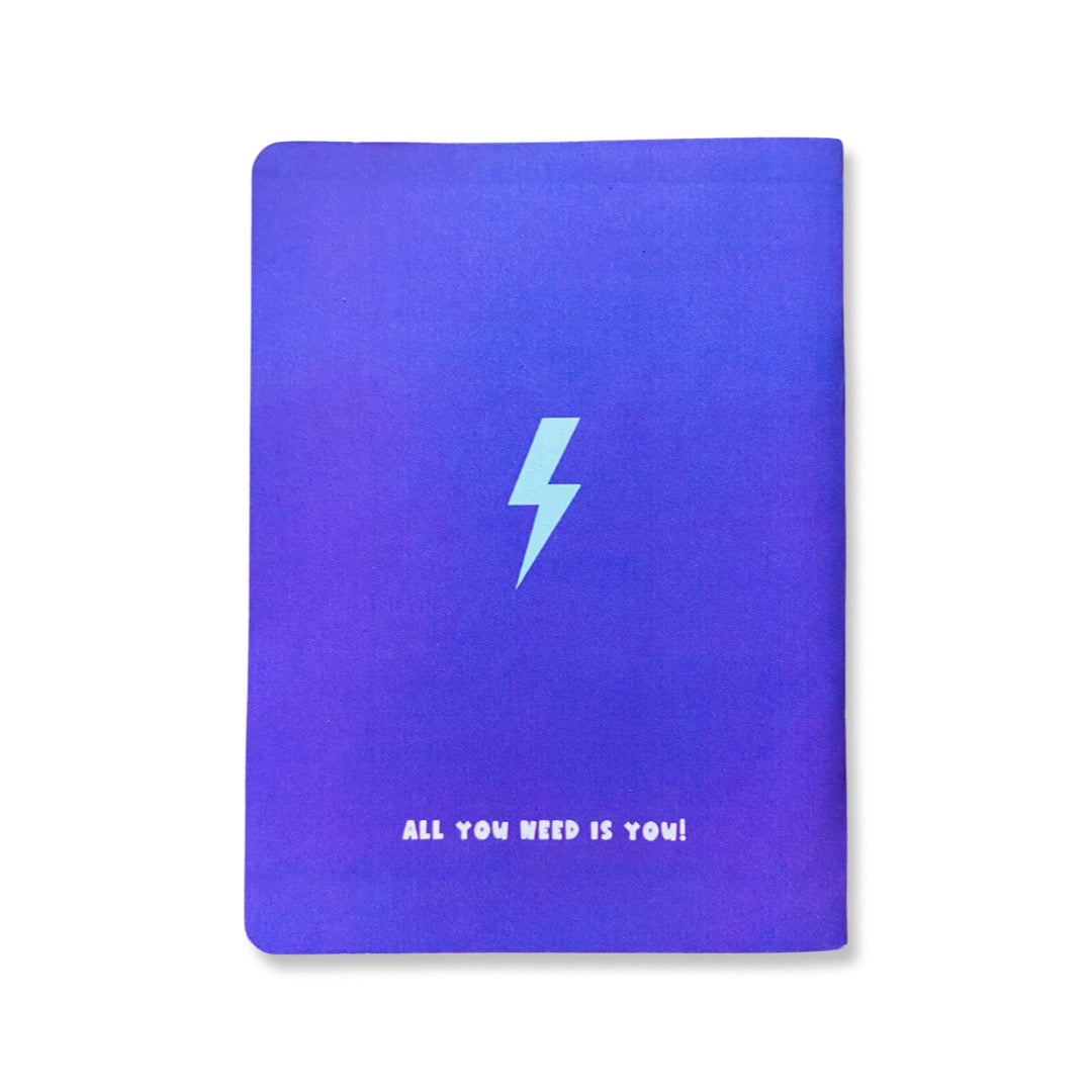 Back of Poderosa pocket notepad. Design features phrase, "All You Need Is You!" with lightening bolt.