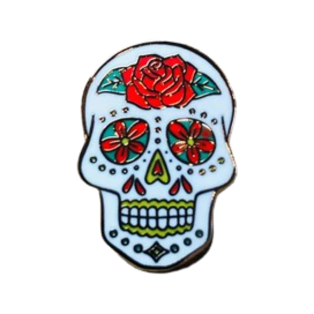 White skull with a red rose on the forehead and yellow accents throughout.
