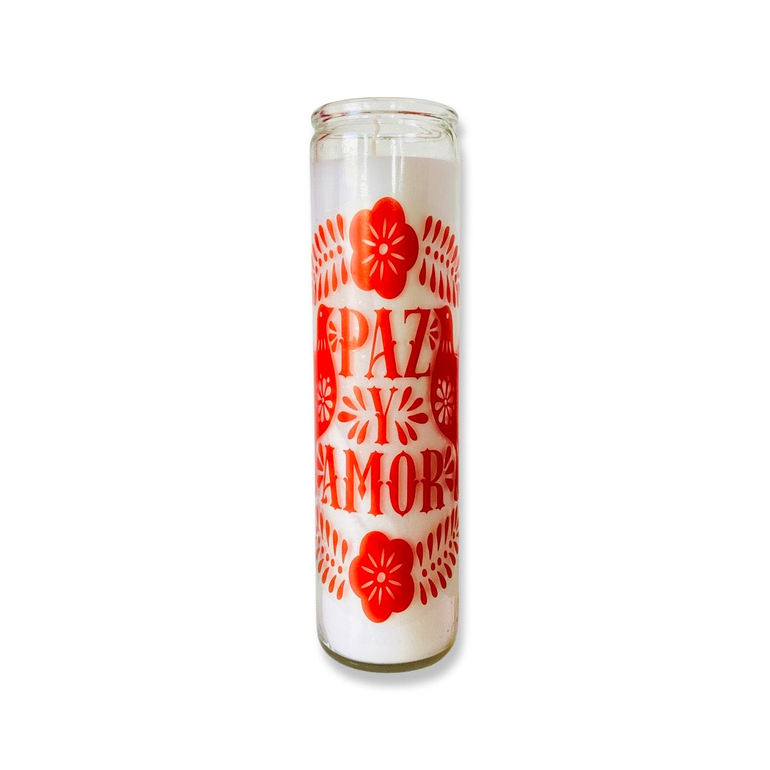 Long Paz y Amor candle with red doves and floral design. 