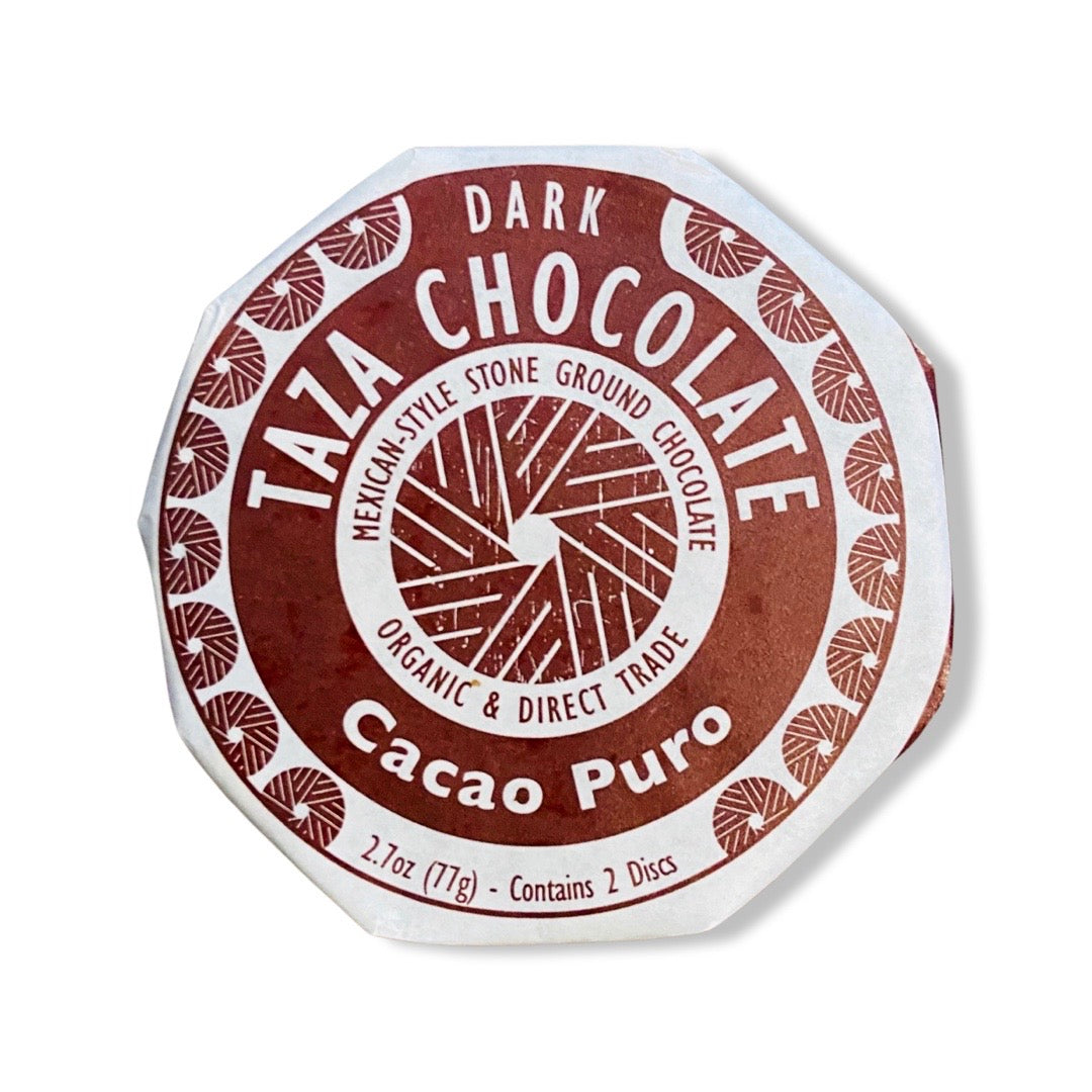 front view of Taza Chocolate Mexicano Disc - Cacao Puro in branded packaging. 