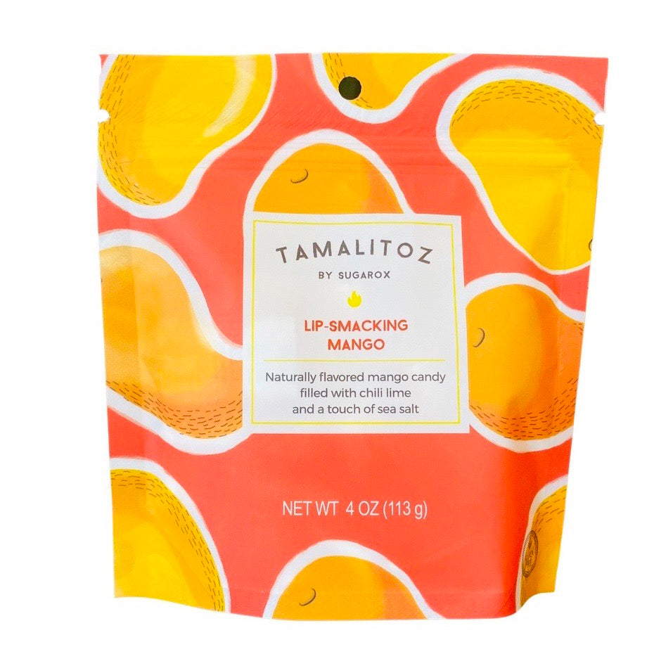 front view of Tamalitoz - Lip Smacking Mango in branded plastic pouch with a Ziploc style closure