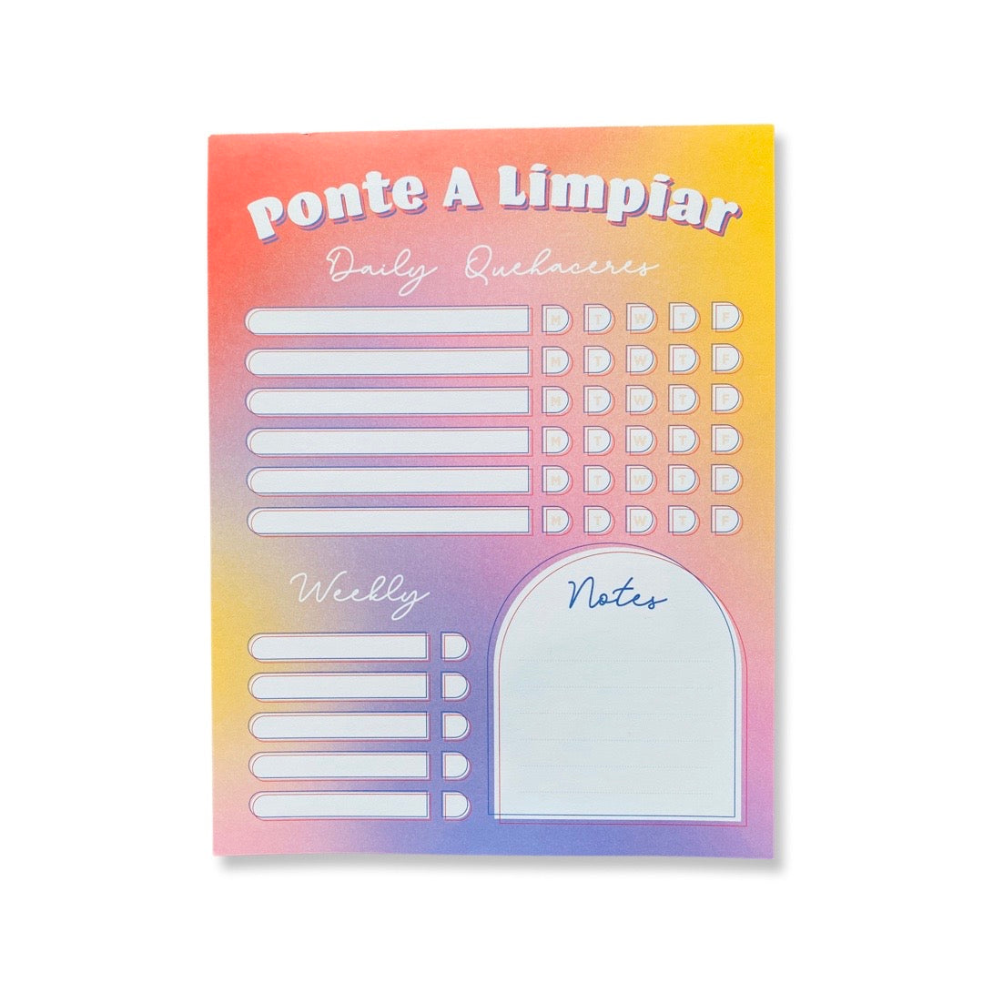 Ponte A Limpiar chore chart notepad. Design features a pink, yellow, and purple blended background.