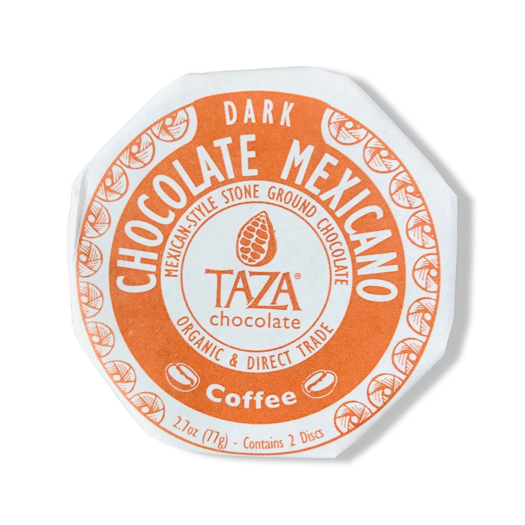 Front view of Taza Chocolate Mexicano disc - Coffee in branded packaging. 