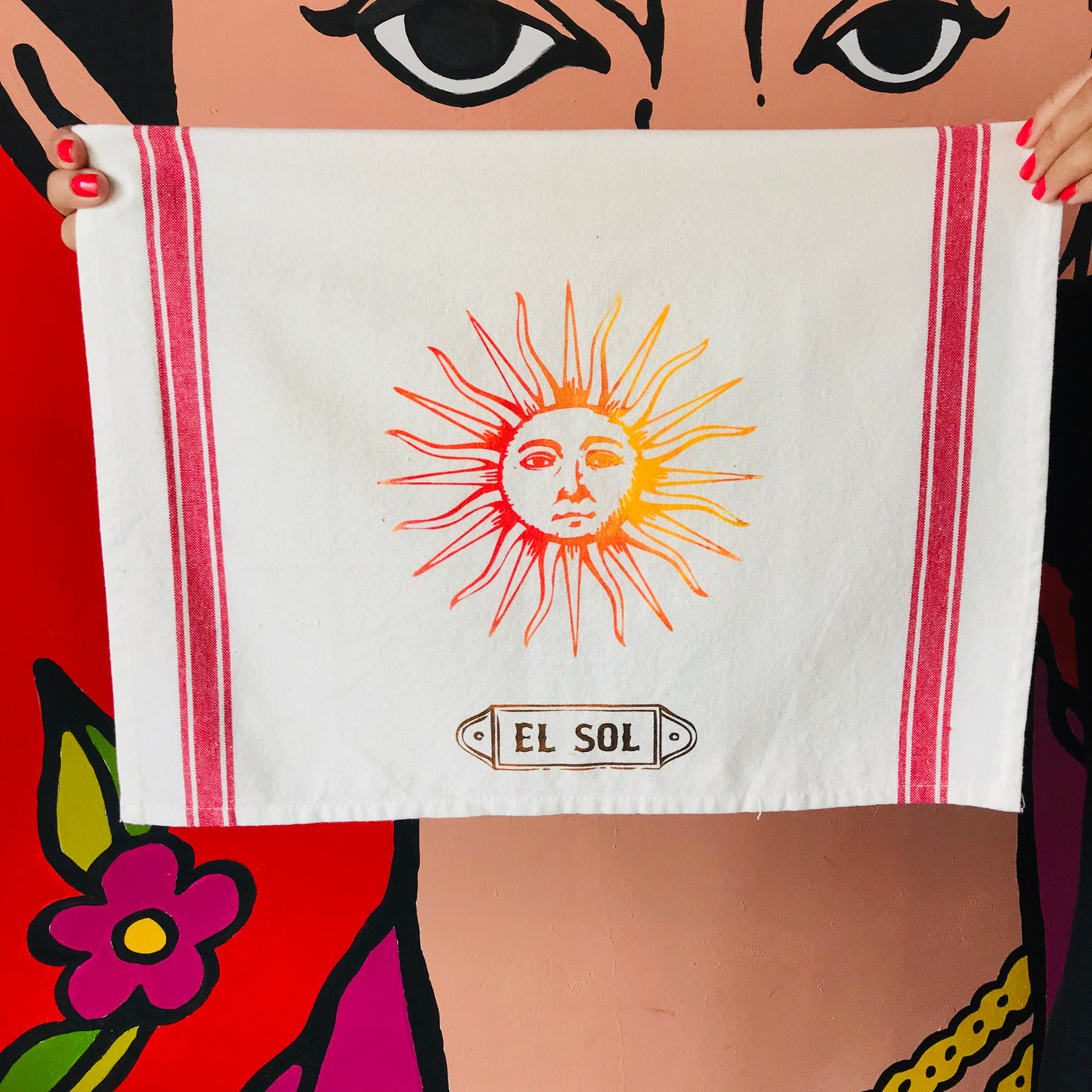 Hand-painted and handprinted El Sol Loteria themed kitchen towel
