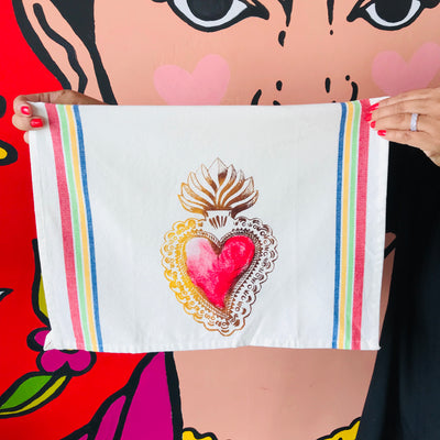 Hand-painted and handprinted Sagrado Corazón Loteria themed kitchen towel 