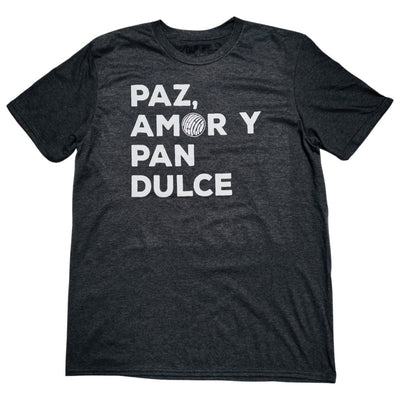 Dark gray unisex, "Paz, Amor Y Pan Dulce" phrase t-shirt with white detail.