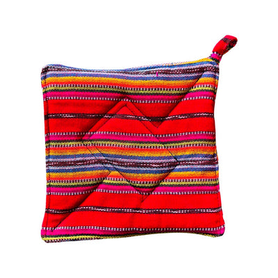 Colorful red cotton fiesta square pot holder. Design features multicolored stripes. 