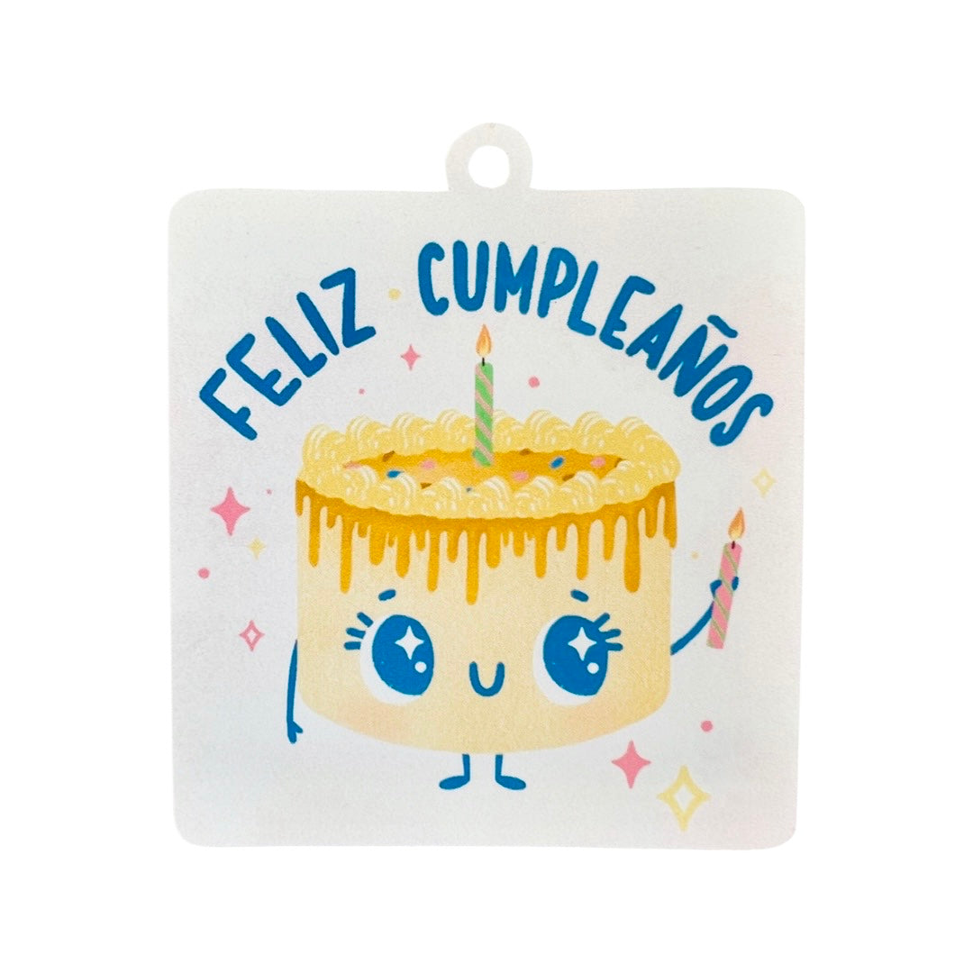 Feliz Cumpleaños Cake Gift Tag Pack. Design features cute, smiling birthday cake with candles.