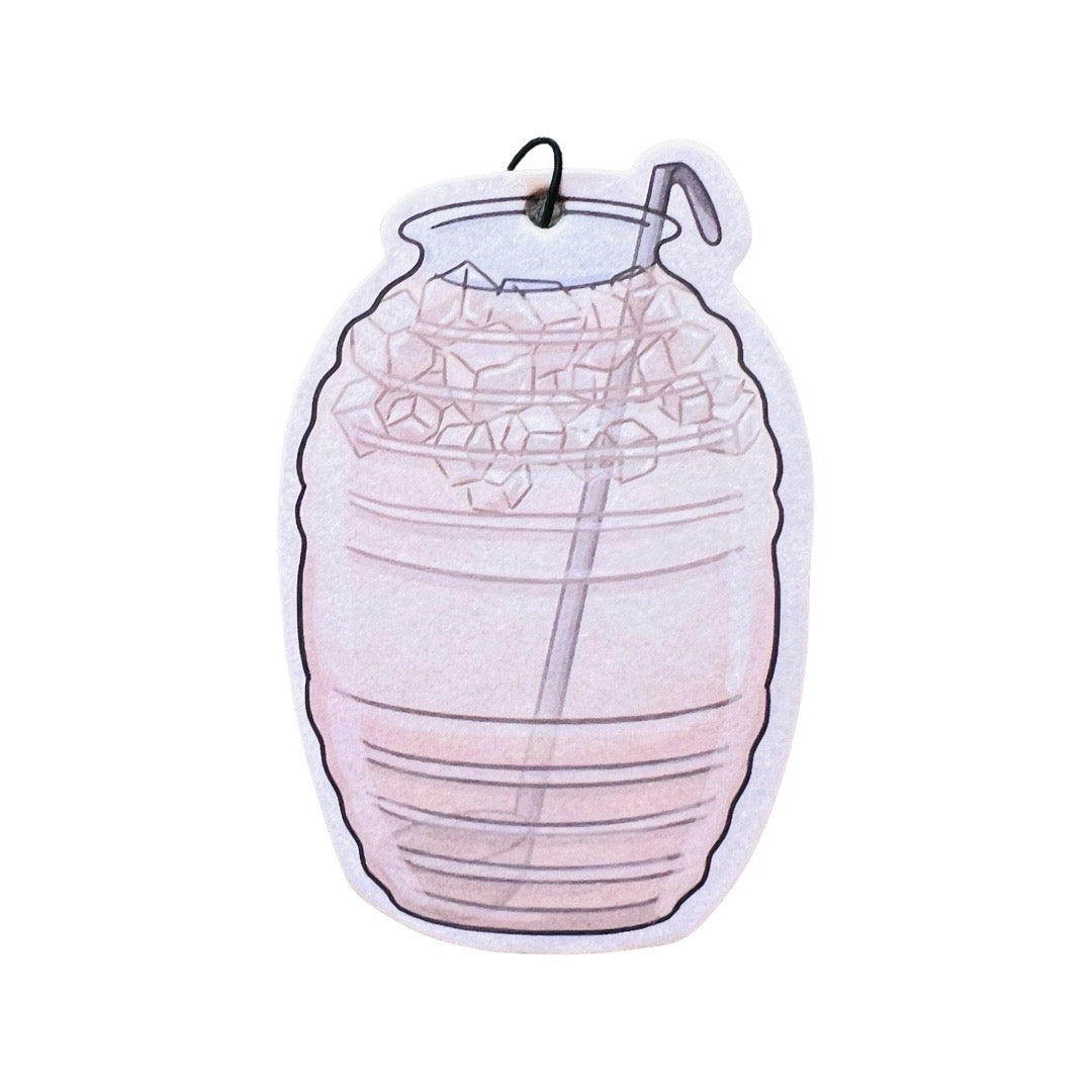 Horchata air freshener, cinnamon scented. Image features horchata refreshment inside a gallon jug with ladle spoon.