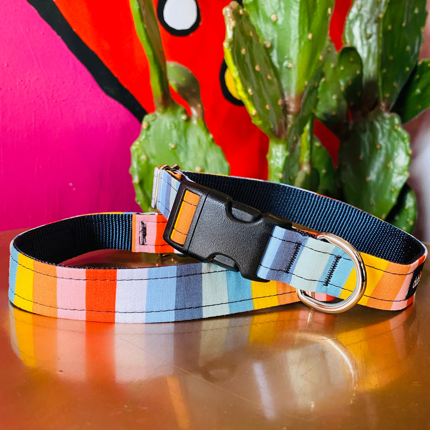 Two identical colorful striped dog collars featuring snap and d-ring.