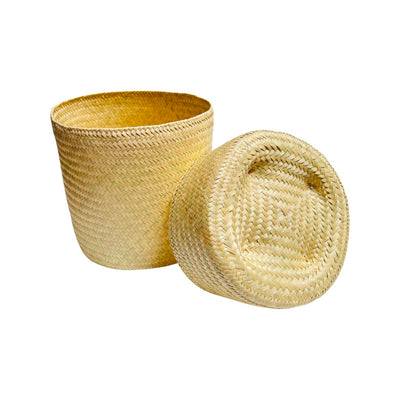 Natural palm basket with cover lid off and featured on the side.