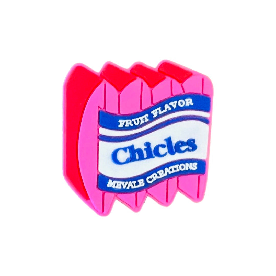 A single pink pack of the Mexican gum called Chicles with the phrases "Fruit Flavor" and Mevale Creations.