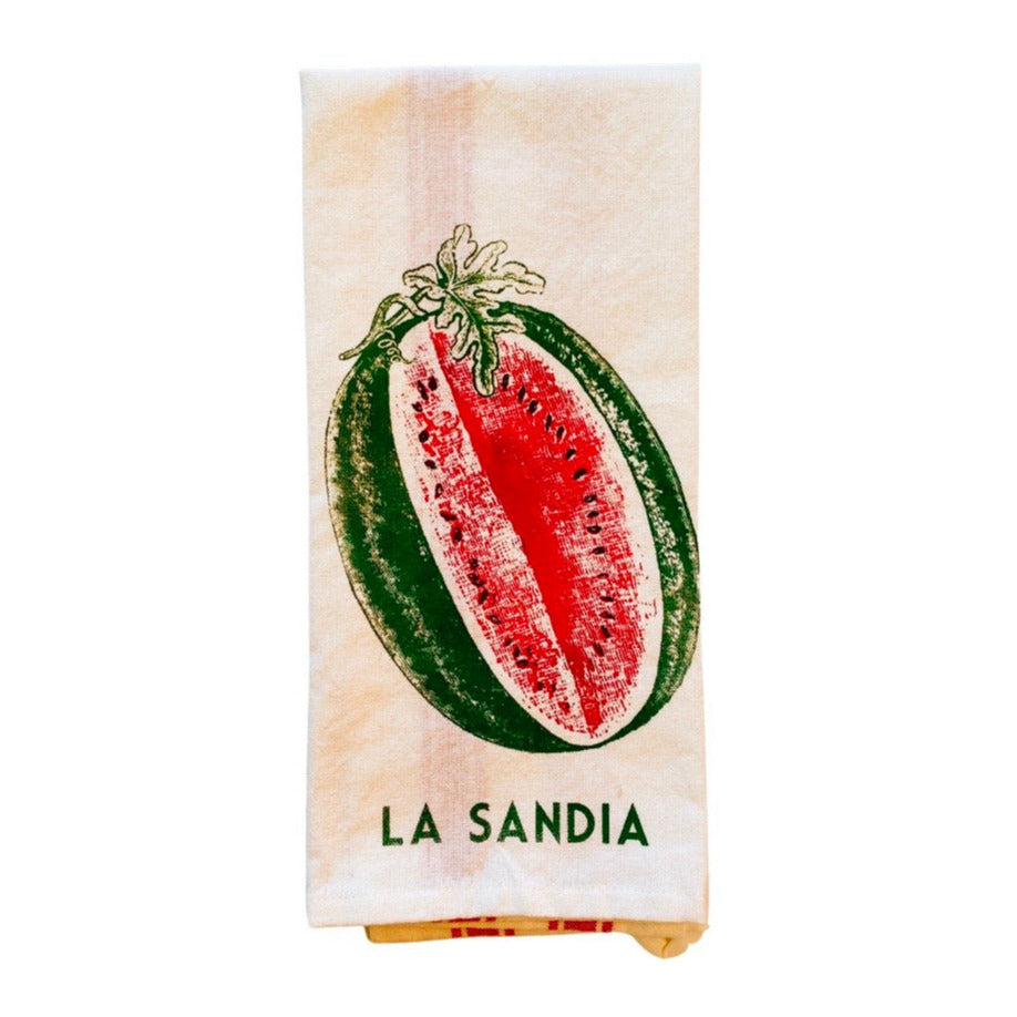 Cotton Loteria Dish Towel. Design features watermelon with "La Sandia" phrase underneath it. 