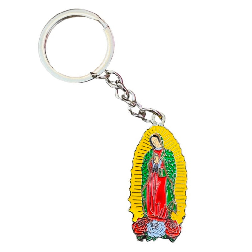 Virgin Mary on silver keychain.