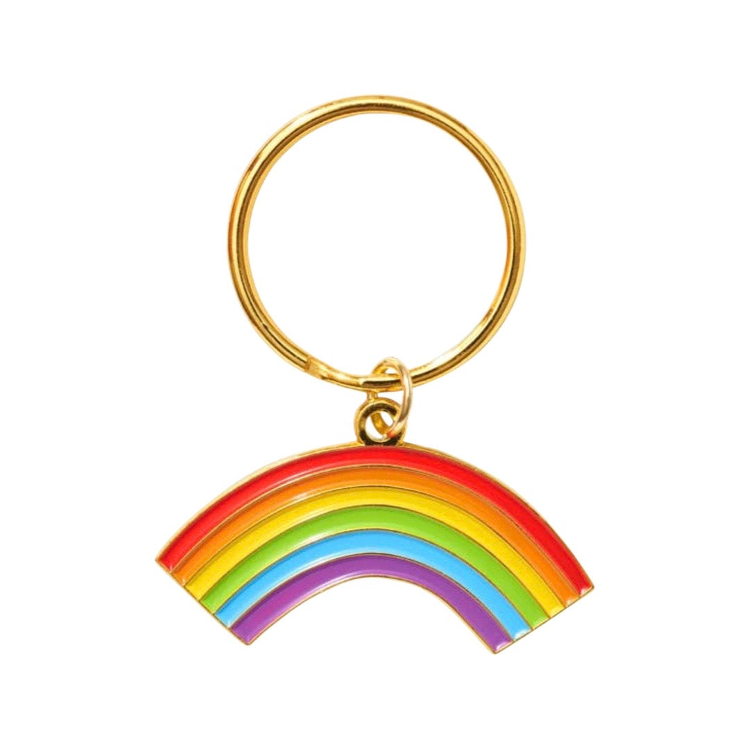 Enamel rainbow on gold keychain. 