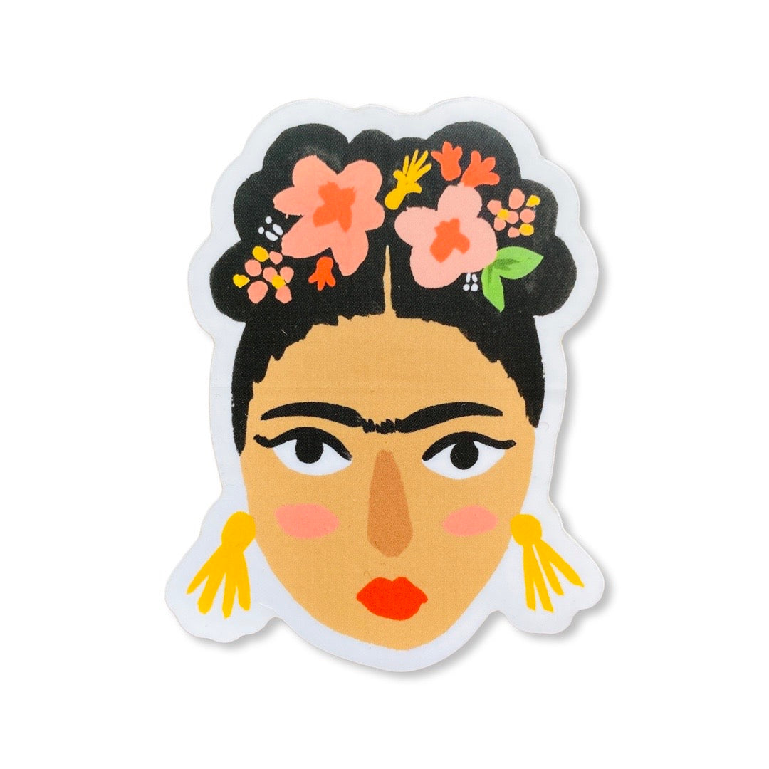 Frida Kahlo sticker. Frida wears a flower crown with hand earrings.