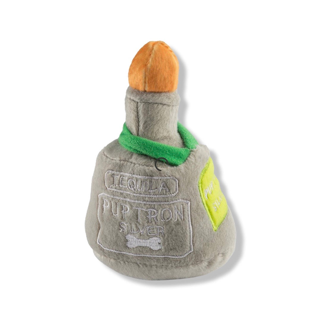 Plush squeaky tequila bottle dog toy reads, "Puptron."