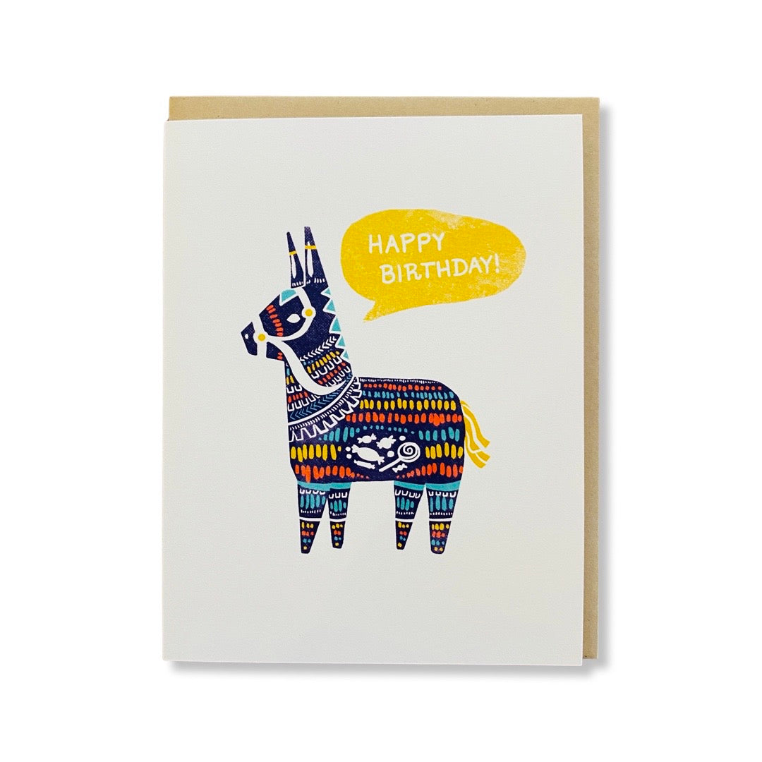 Colorful donkey piñata Happy Birthday greeting card.