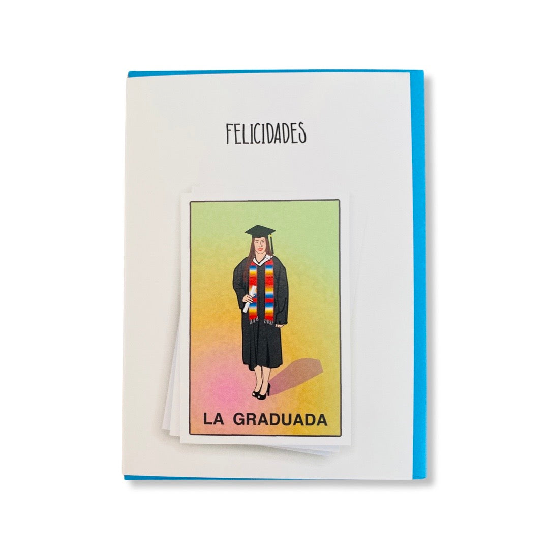 La Graduada (the graduate) greeting card reads, "Felicidades (congratulations)." Design features woman in cap and gown.
