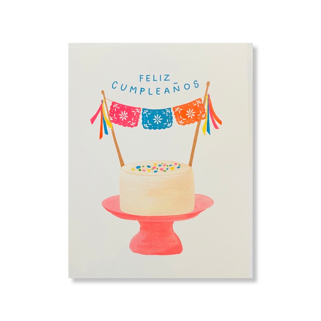 Feliz Cumpleaños papel picado with cake greeting card.