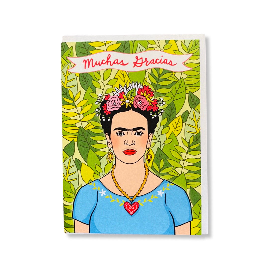 Muchas Gracias Frida Kahlo greeting card. Design features plants background.