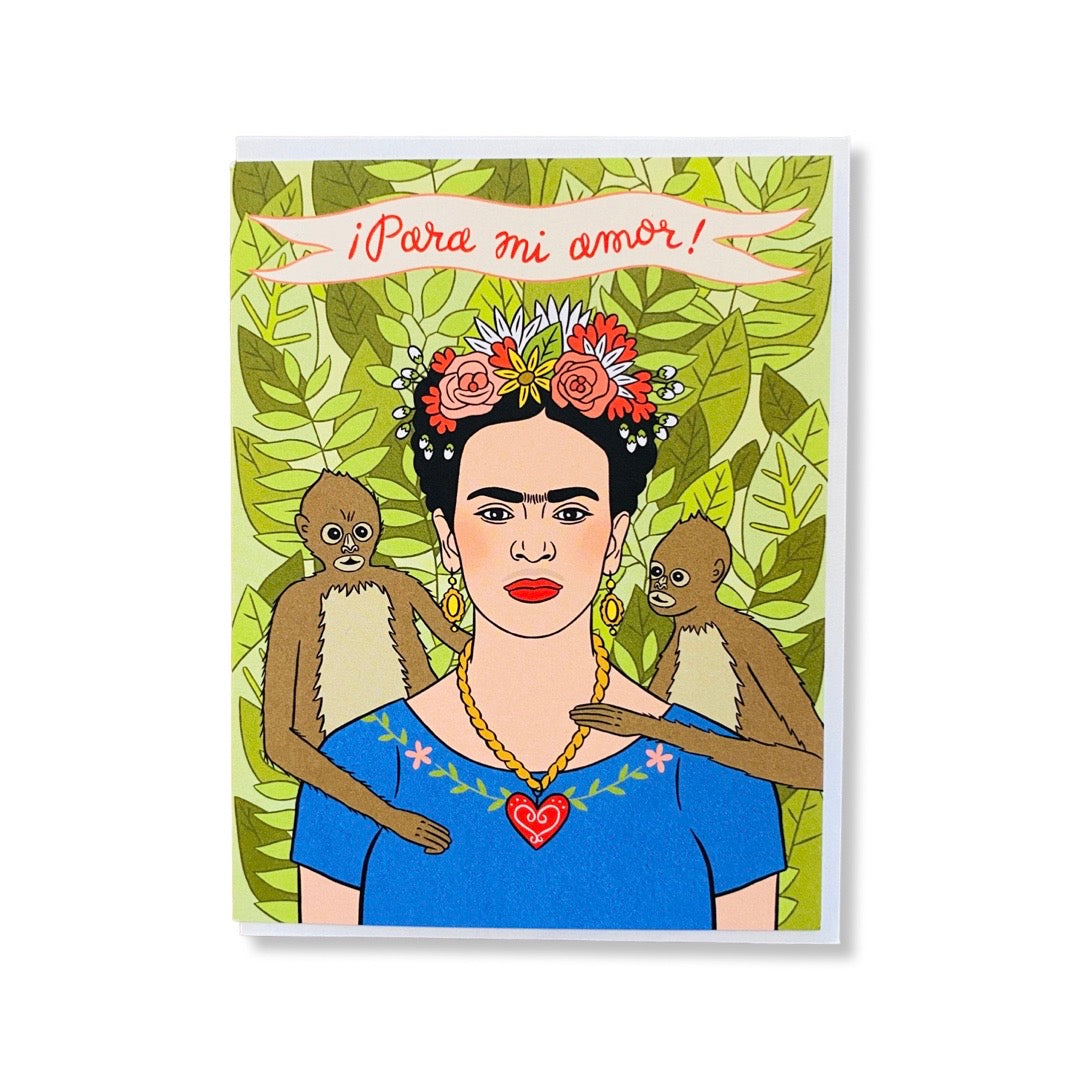Para Mi Amor Frida Kahlo with monkeys greeting card.